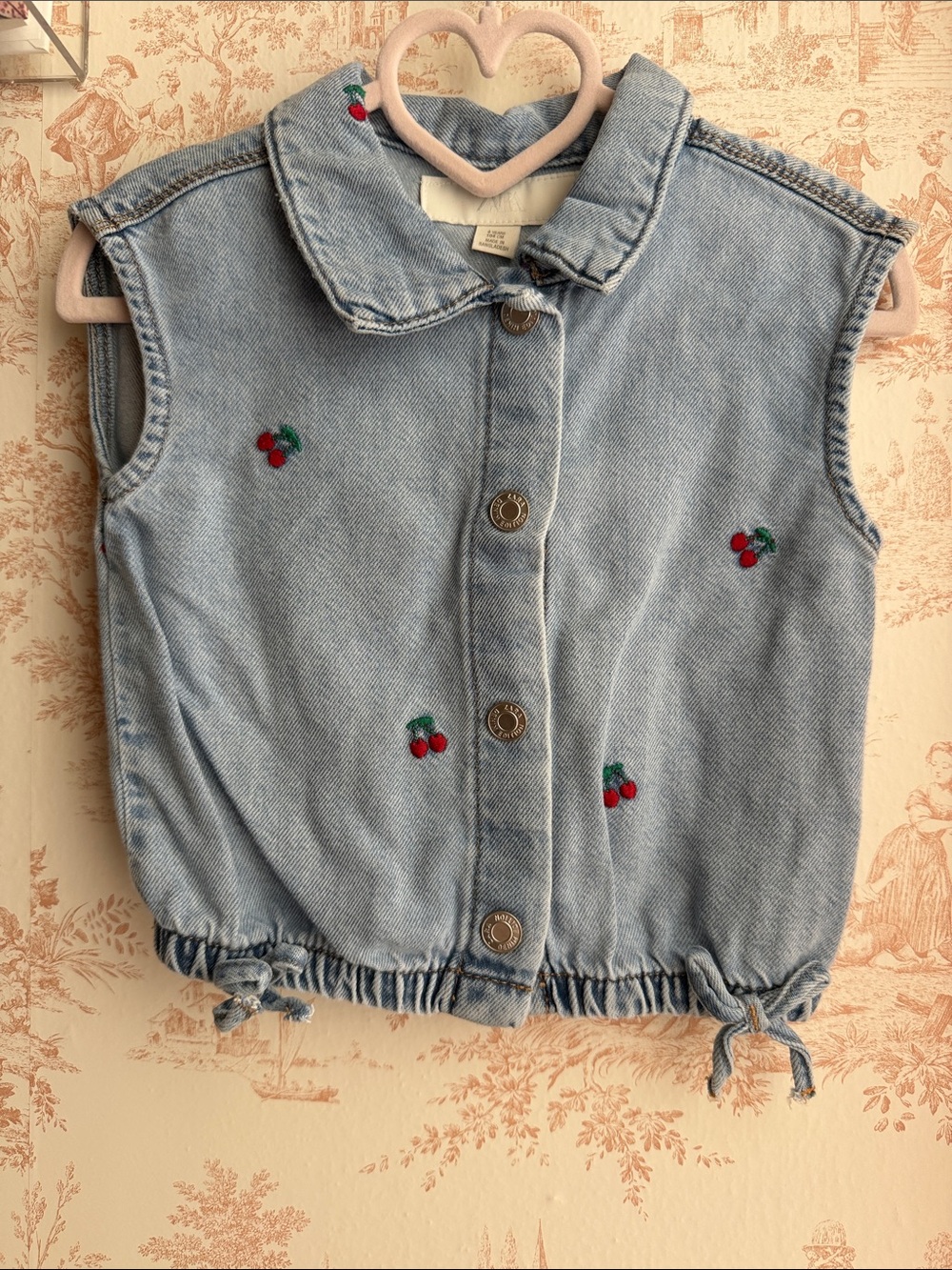 Zara Kids Light Blue Denim Vest with Cherry Embroidery